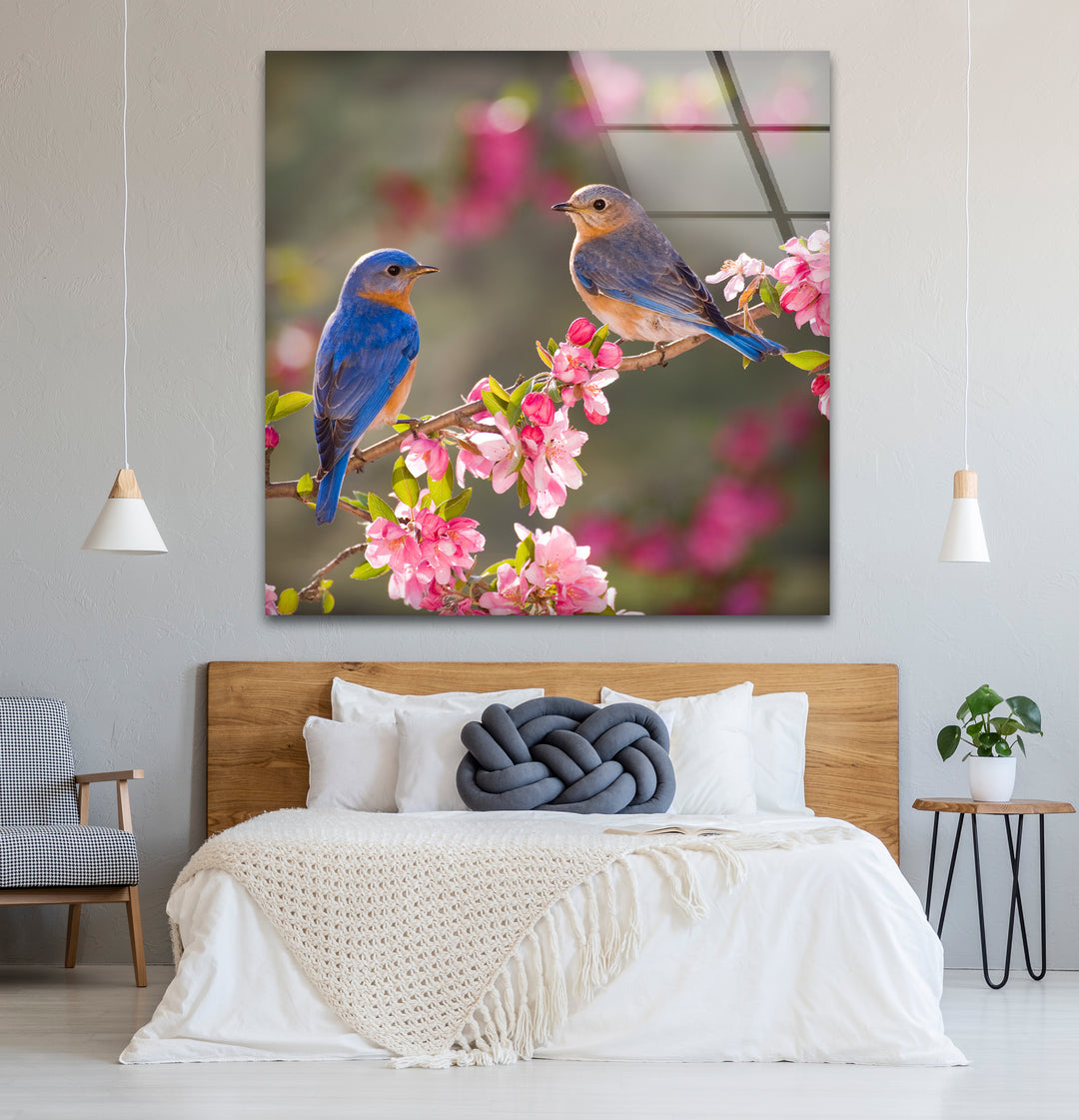 Blaumeisen auf blühendem Baum, Glaswandkunst – Frühlingsnaturszene