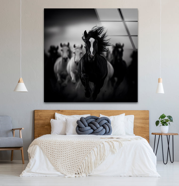 Unique black and white wall decor featuring running horses with intricate details and artistic contrasts.