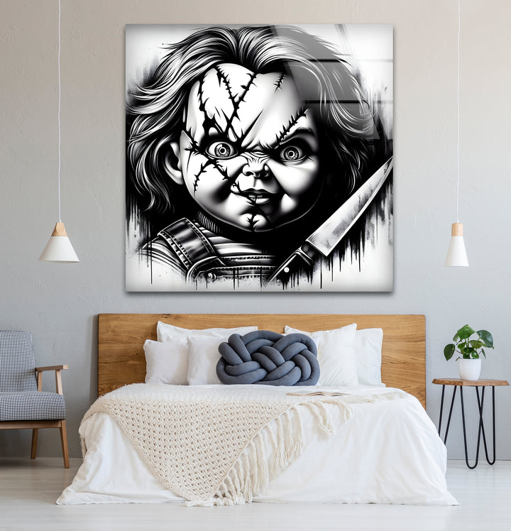 Chic black and white wall art of Chucky, ideal for creating a spooky yet stylish atmosphere.
