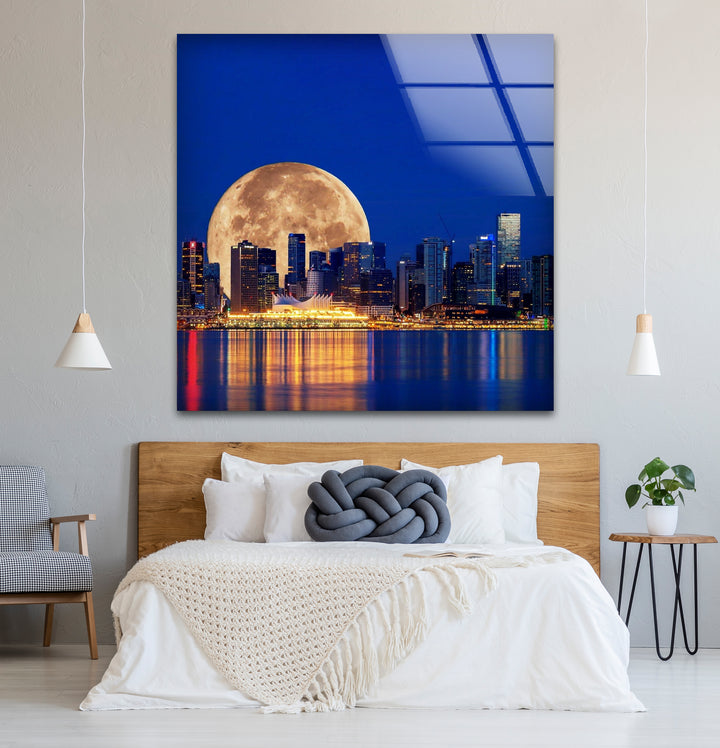 Vancouver Skyline Glass Wall Art – Supermoon Over City Lights