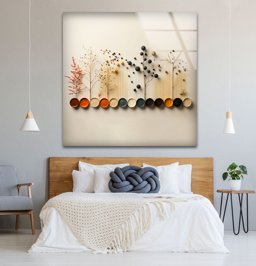 Moderne Naturpalette Wandkunst – Minimalistische Bäume &amp; Farbpunkte Glasdruck