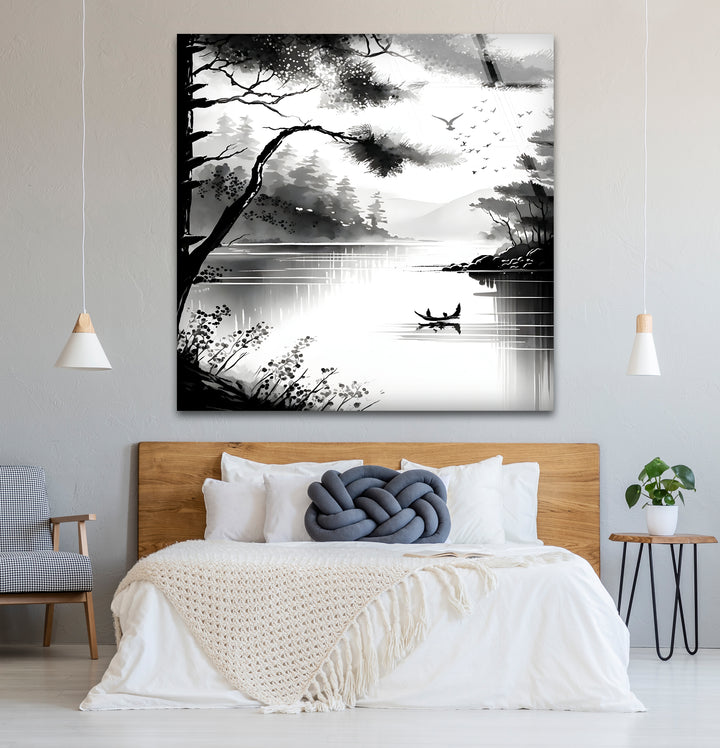 Refined black and white abstract drawings featuring a picturesque lake and distant mountains.