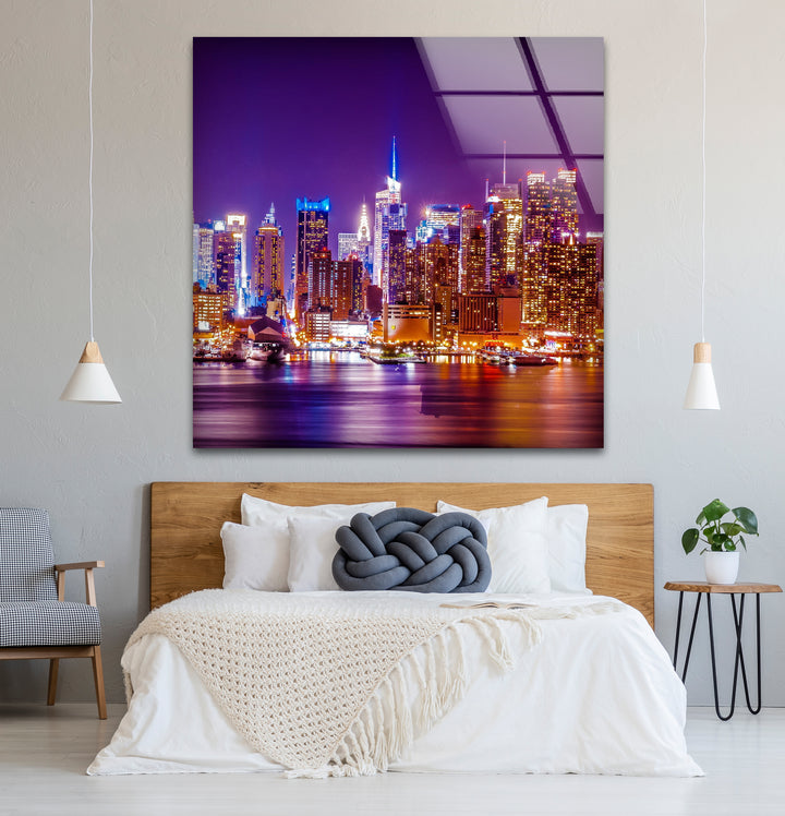 New York City Glaswandkunst – Beleuchtete Skyline bei Nacht