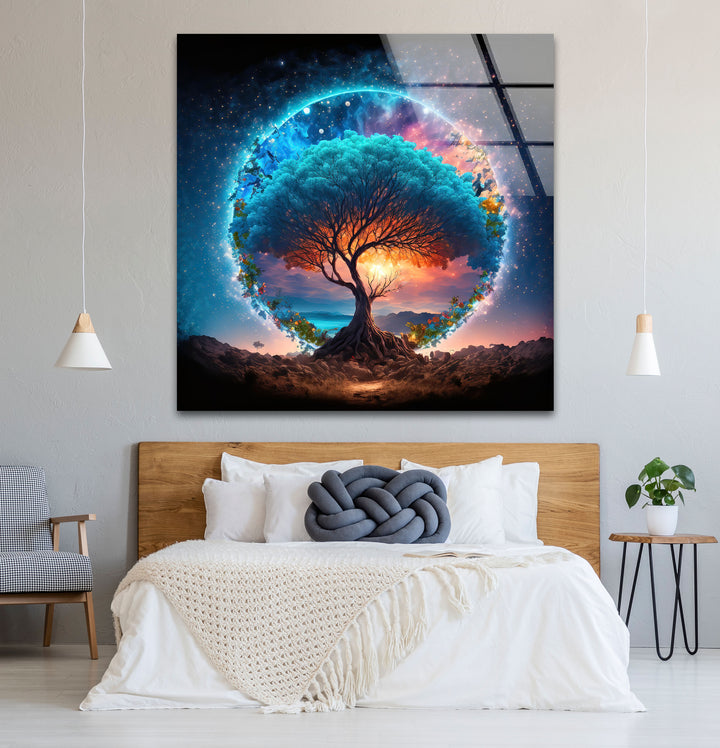 Himmlischer Lebensbaum Wandkunst – Mystisches kosmisches Glas-Wanddekor