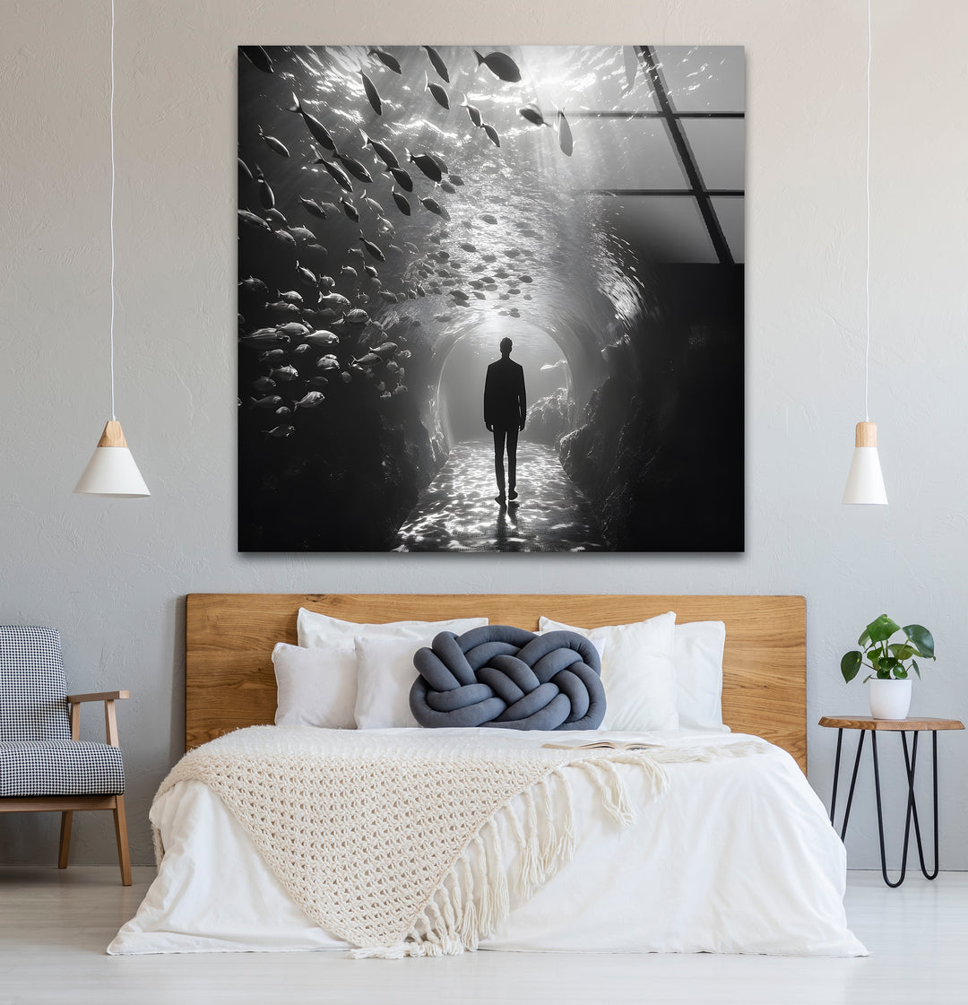 Unique black and white abstract drawings featuring an underwater scene with a man walking through.