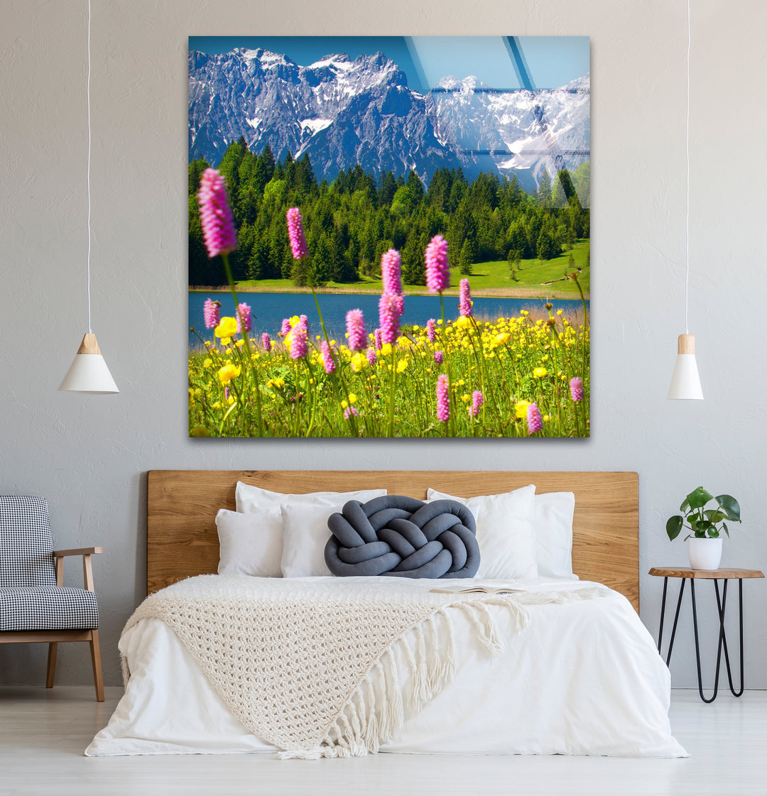 Alpine Meadow Glass Wall Art – Mountain Landscape & Wildflowers