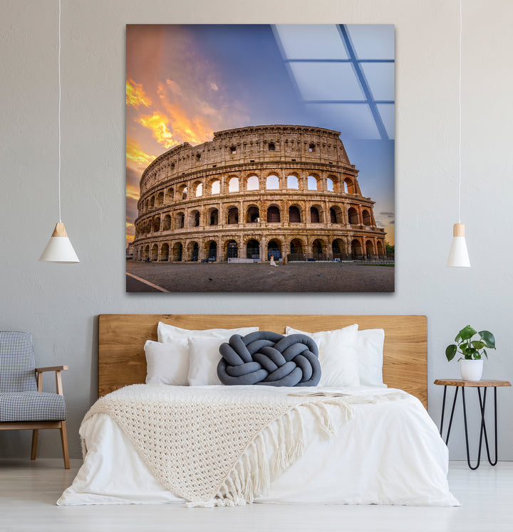 Colosseum Glass Wall Art – Rome Historic Landmark at Sunset