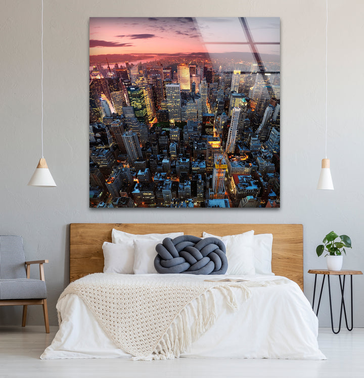 New York City Glaswandkunst – Luftaufnahme bei Sonnenuntergang