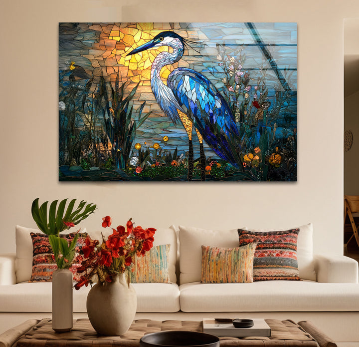 Sunset Majesty – Mosaikreiher-Wandkunst aus Glas