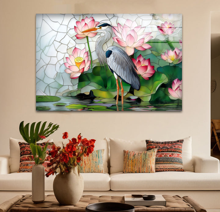 Lotus Serenity – Reiher &amp; rosa Seerosen Glaswandkunst