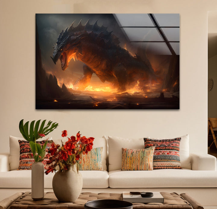 A dragon in a fiery scene, bringing mythical energy to your space.
