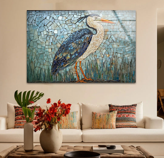 Mosaic majesty blue heron glass wall art decor standing in tall reeds with a detailed mosaic pattern.