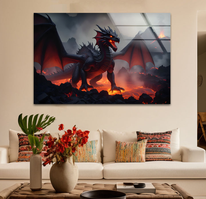 A captivating red dragon, roaring with power in the midst of a fiery eruption, printed on glass for lasting beauty.
