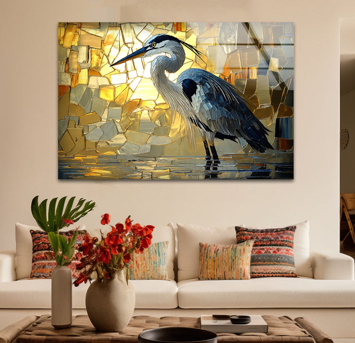 Goldenes Licht – Reiher in Mosaik-Leuchtglas-Wandkunst