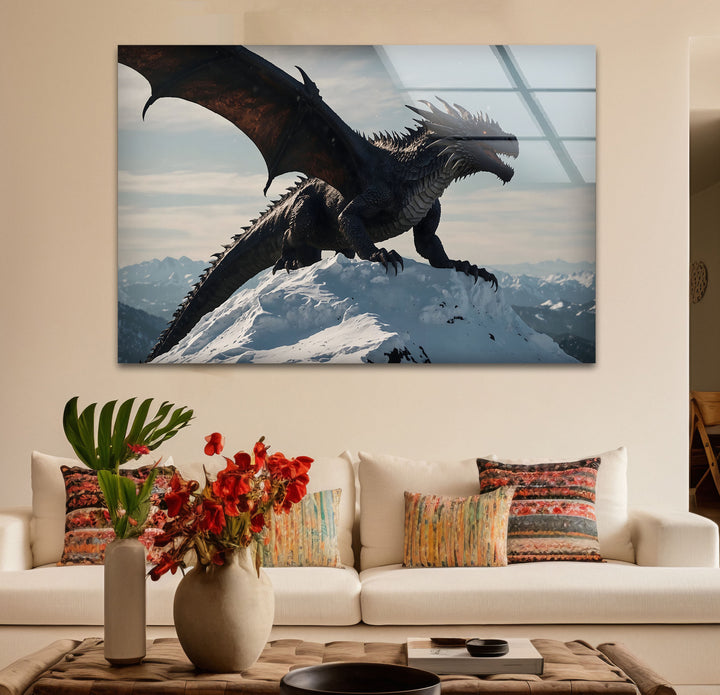 A dragon in a snowy landscape, Majestic Dragon glass wall art brings power to any room.
