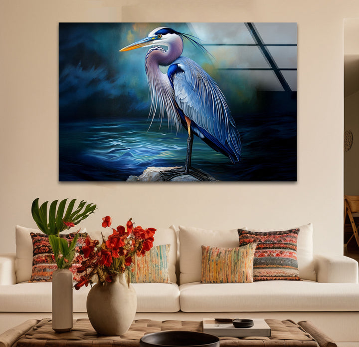 Midnight Grace – Blauer Reiher, realistische Glaswandkunst