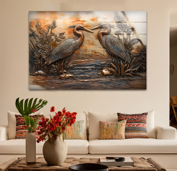 Goldene Reflexion – Zwillingsreiher in Bronze-Relief-Glaswandkunst