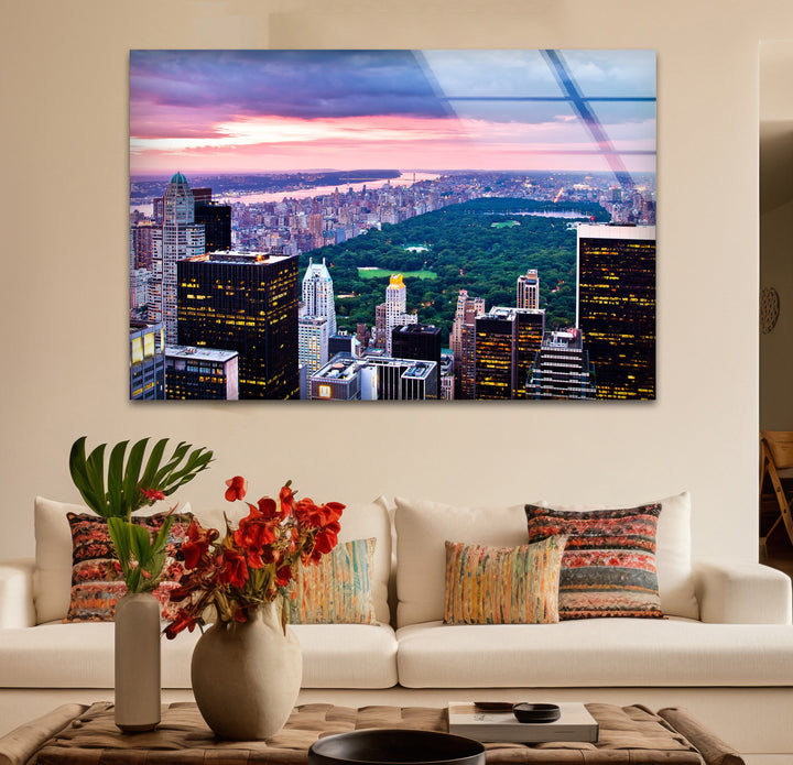 Glaswandkunst New York City – Skyline und Blick auf den Sonnenuntergang im Central Park