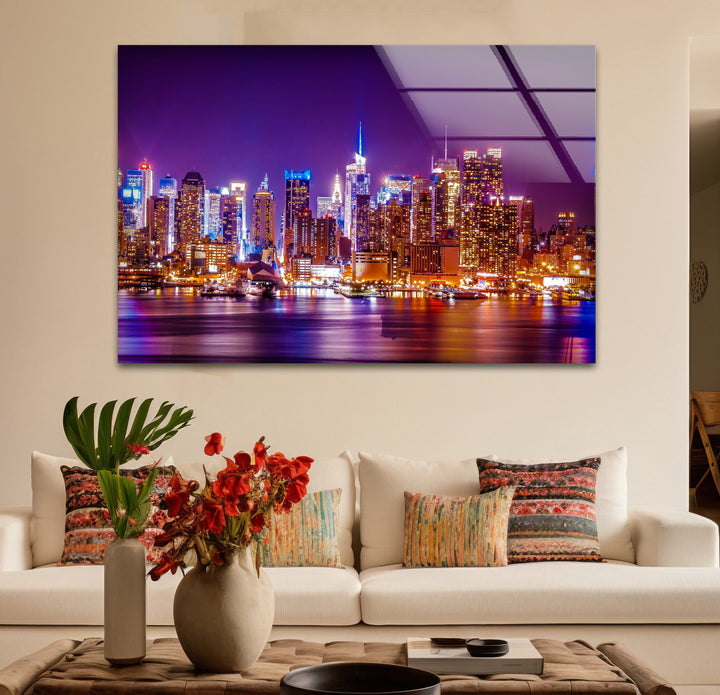 New York City Glaswandkunst – Beleuchtete Skyline bei Nacht