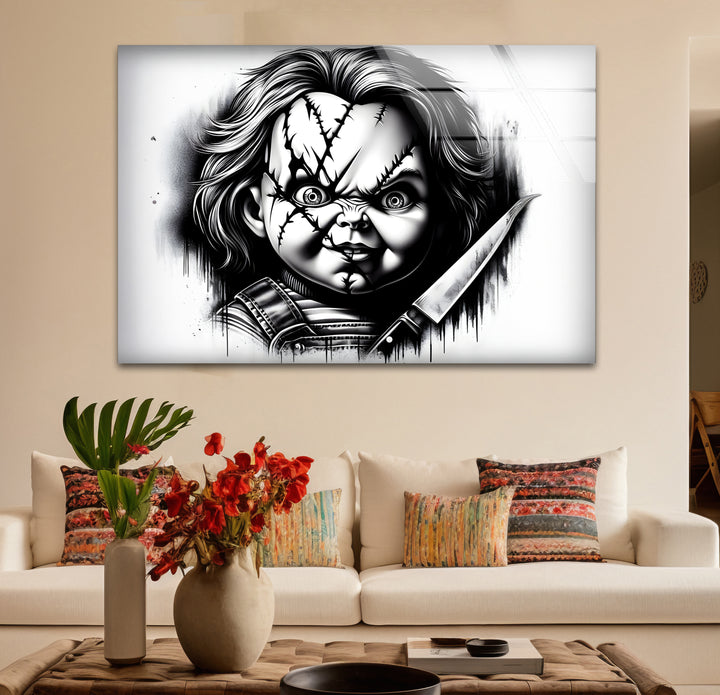 Refined black and white abstract drawings of Chucky, combining chilling details with artistic creativity.