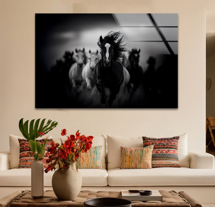 Chic black and white wall art of horses in motion, ideal for creating a bold statement in modern interiors.