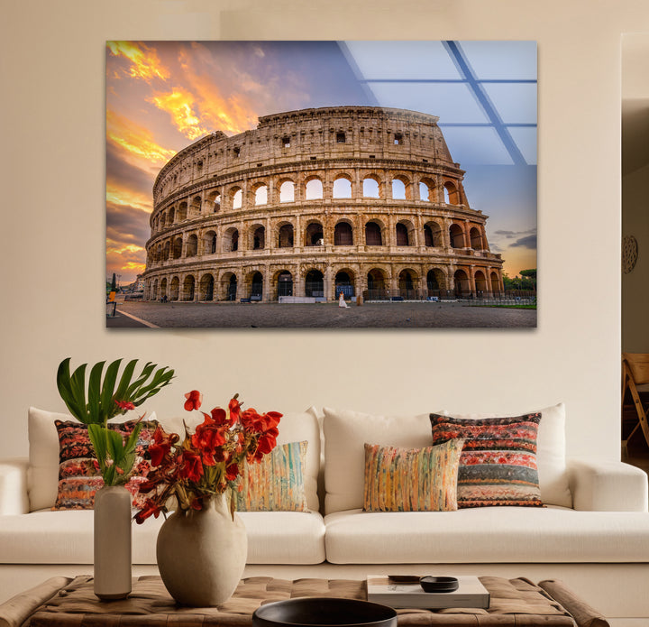 Rome Colosseum Glass Wall Art – Historic Landmark at Sunset