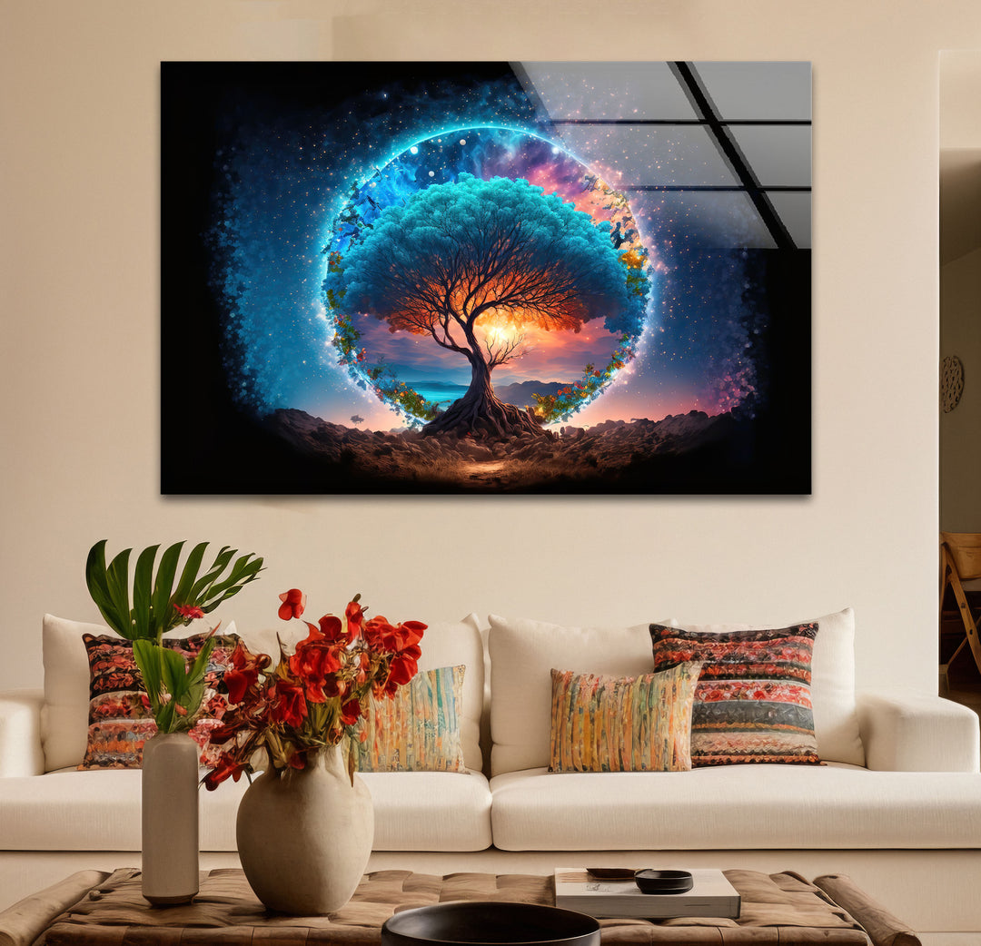 Himmlischer Lebensbaum Wandkunst – Mystisches kosmisches Glas-Wanddekor