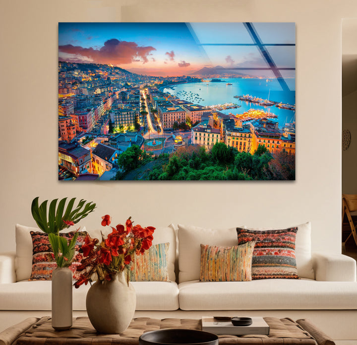 Glaswandkunst mit Skyline von Neapel – Blick auf die Bucht bei Sonnenuntergang und die Stadtlandschaft