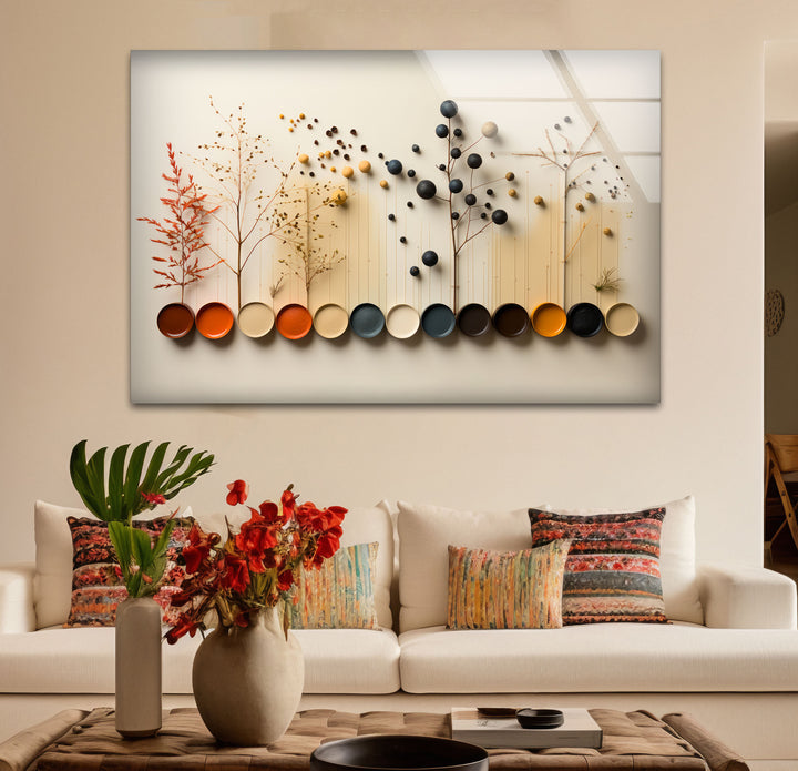 Moderne Naturpalette Wandkunst – Minimalistische Bäume &amp; Farbpunkte Glasdruck