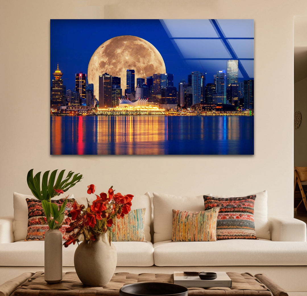 Vancouver Skyline Glass Wall Art – Supermoon Over City Lights