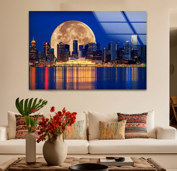 Vancouver Skyline Glass Wall Art – Supermoon Over City Lights