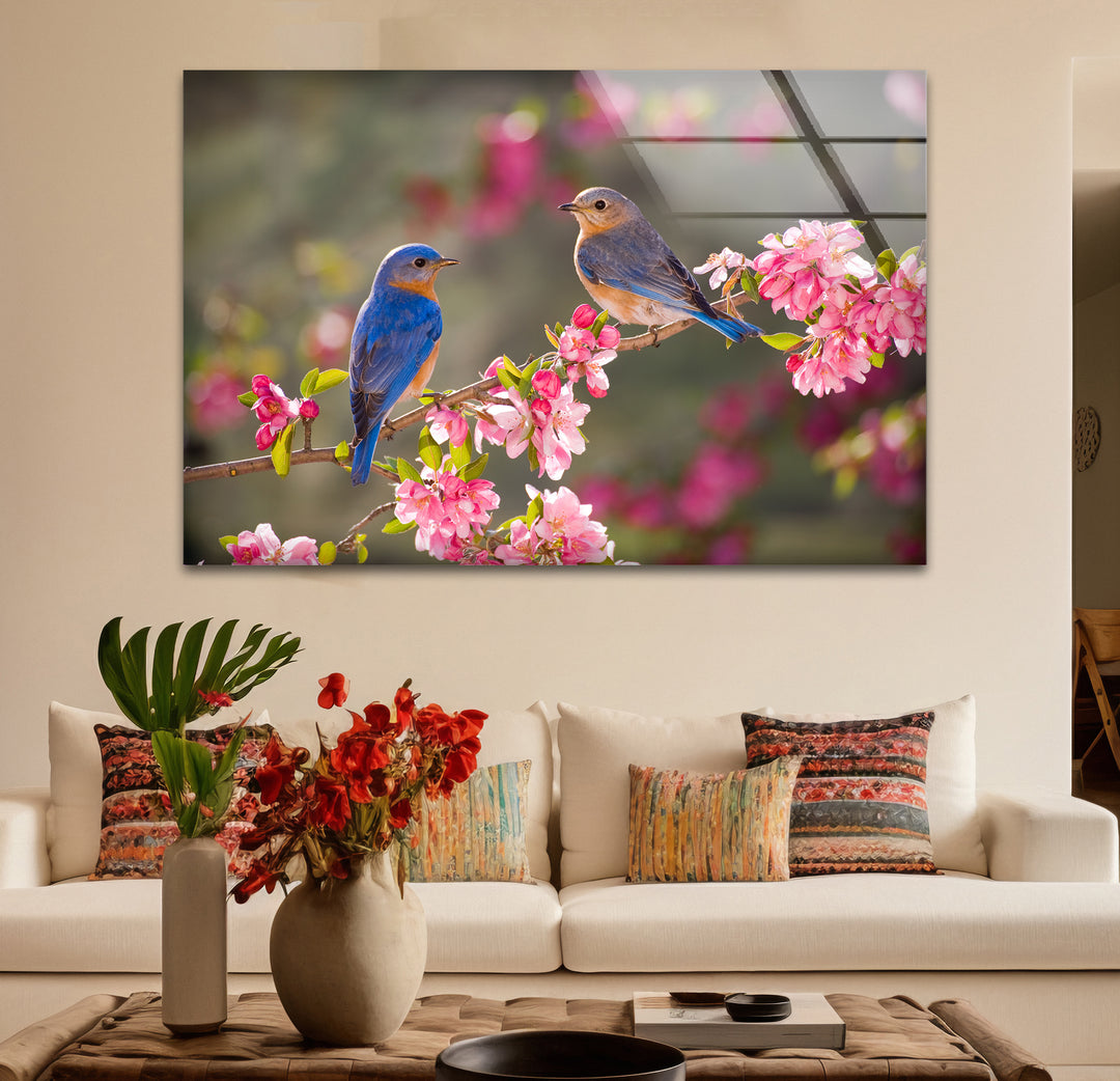 Blaumeisen auf blühendem Baum, Glaswandkunst – Frühlingsnaturszene