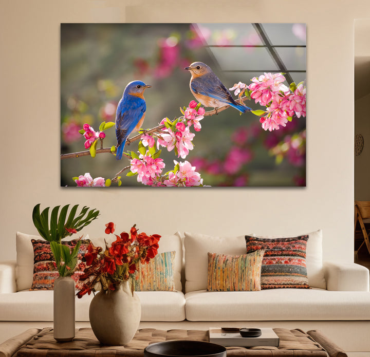 Blaumeisen auf blühendem Baum, Glaswandkunst – Frühlingsnaturszene