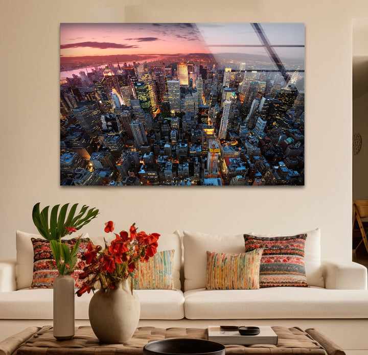 New York City Glaswandkunst – Luftaufnahme bei Sonnenuntergang