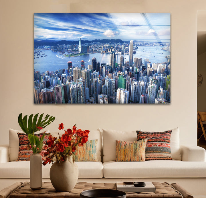 Glaswandkunst mit Skyline von Hongkong – Stadtbild und Hafen aus der Luft