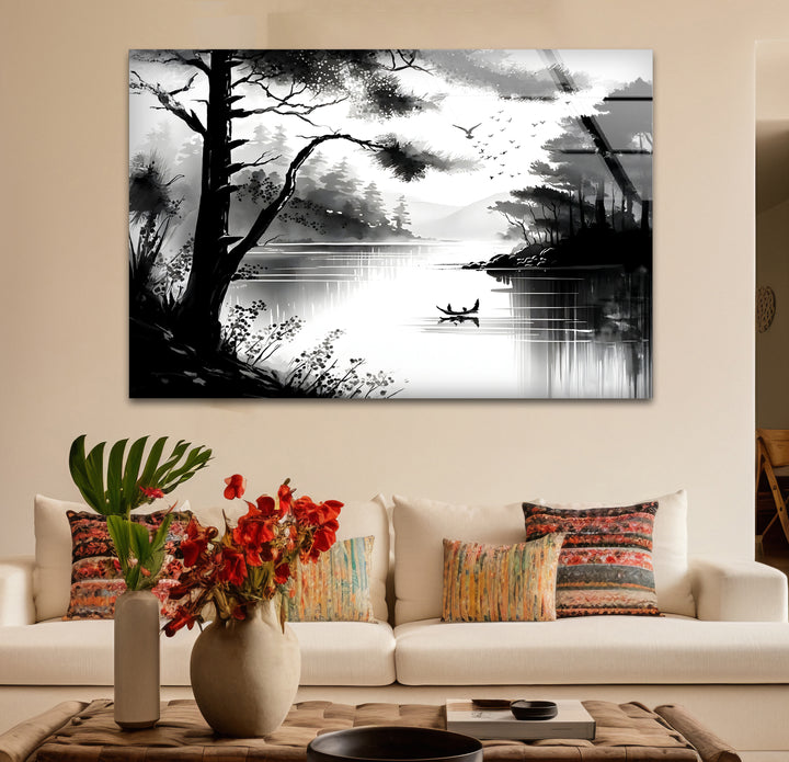 Timeless black and white paintings of a lake view, perfect for adding a calming touch to your space.