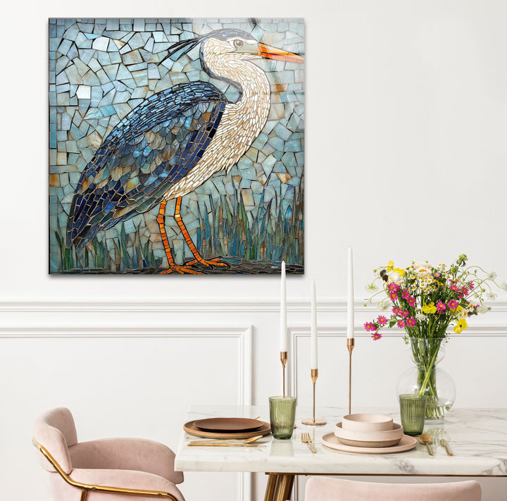 Mosaic Majesty – Blauer Reiher, Glaswandkunst