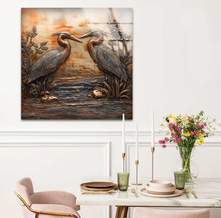 Goldene Reflexion – Zwillingsreiher in Bronze-Relief-Glaswandkunst