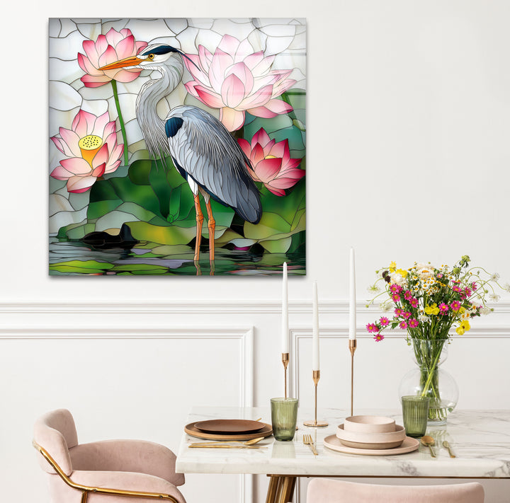 Lotus Serenity – Reiher &amp; rosa Seerosen Glaswandkunst