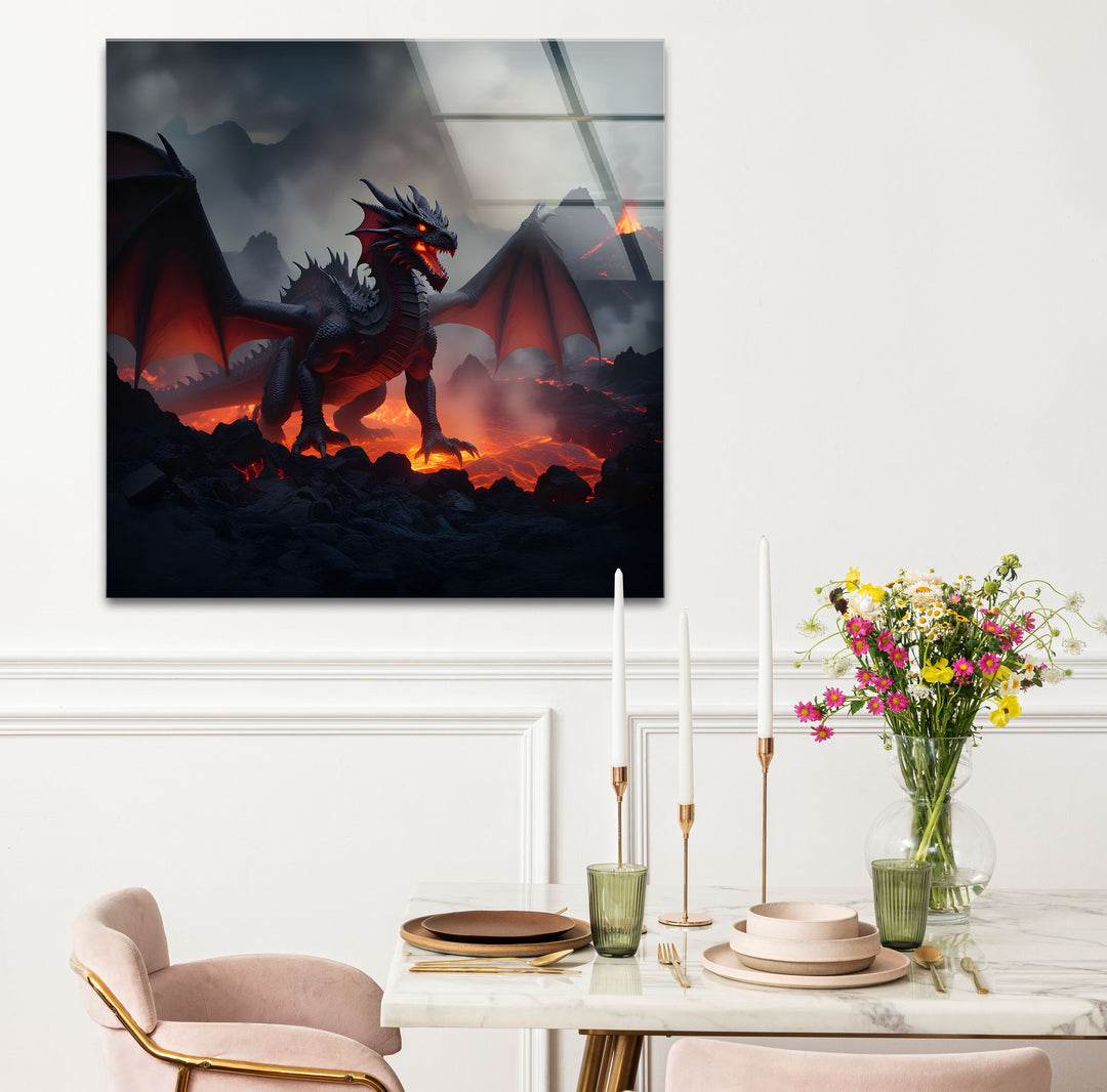 Add a touch of mythical strength to your walls with a red dragon artwork, surrounded by volcanic fire.
