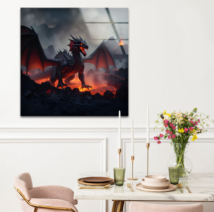 Add a touch of mythical strength to your walls with a red dragon artwork, surrounded by volcanic fire.
