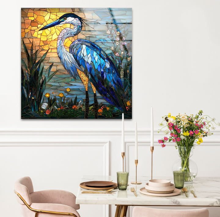 Sunset Majesty – Mosaikreiher-Wandkunst aus Glas
