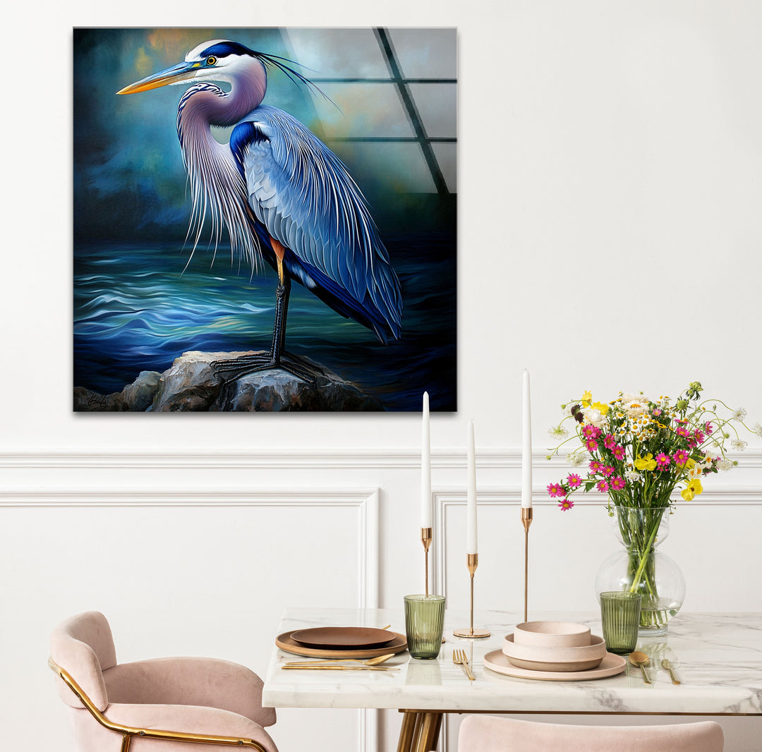 Midnight Grace – Blauer Reiher, realistische Glaswandkunst