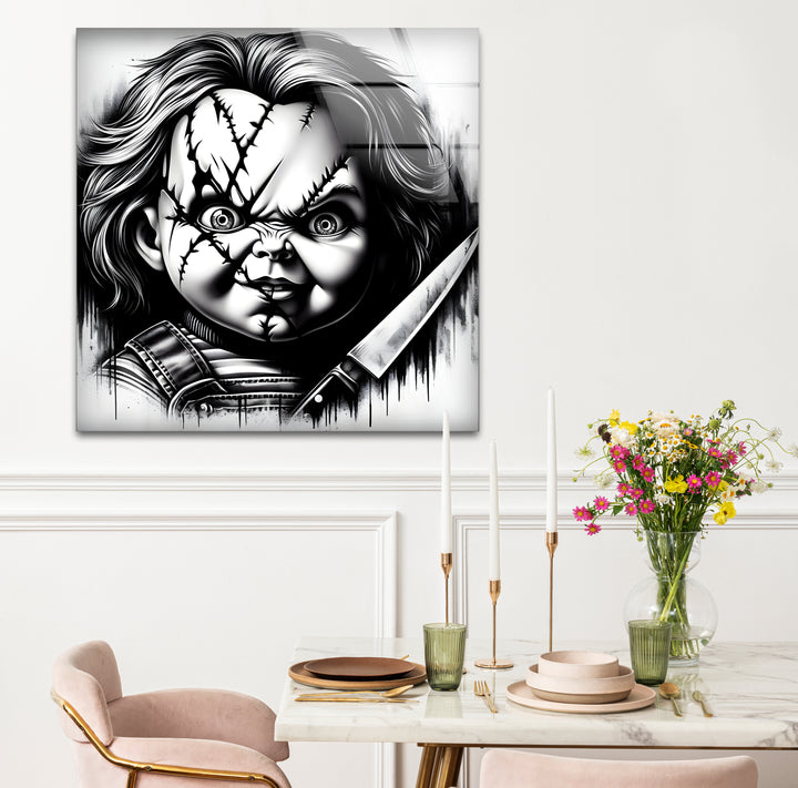 Timeless black and white paintings of Chucky, perfect for fans of horror and unique artwork.