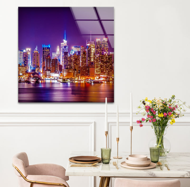 New York City Glaswandkunst – Beleuchtete Skyline bei Nacht