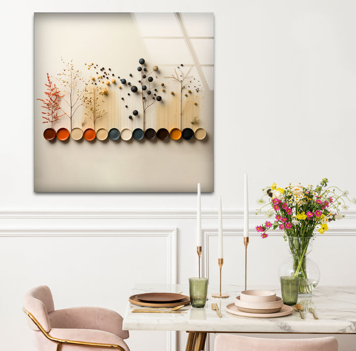 Moderne Naturpalette Wandkunst – Minimalistische Bäume &amp; Farbpunkte Glasdruck