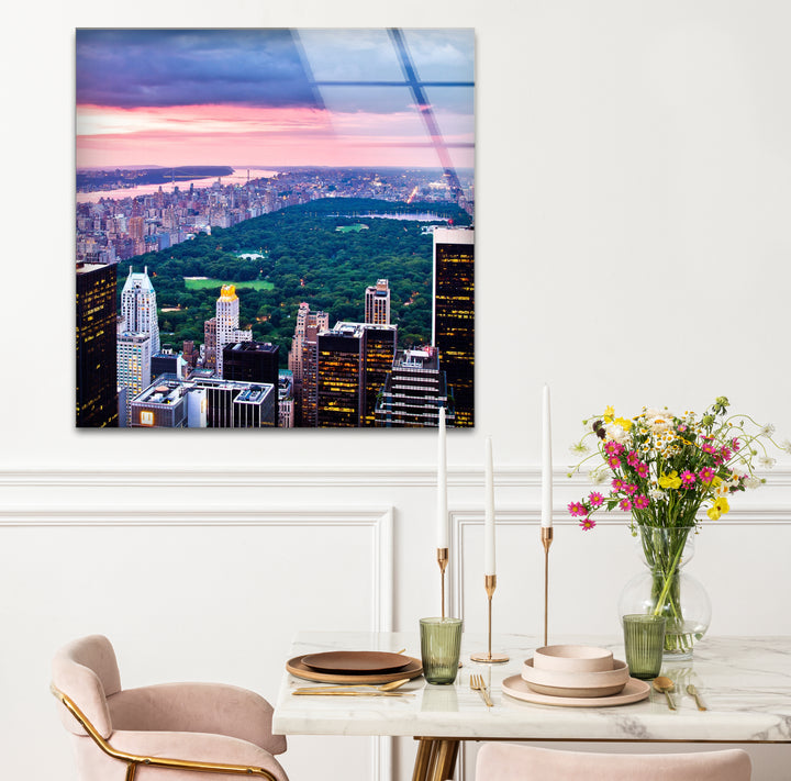 Glaswandkunst New York City – Skyline und Blick auf den Sonnenuntergang im Central Park