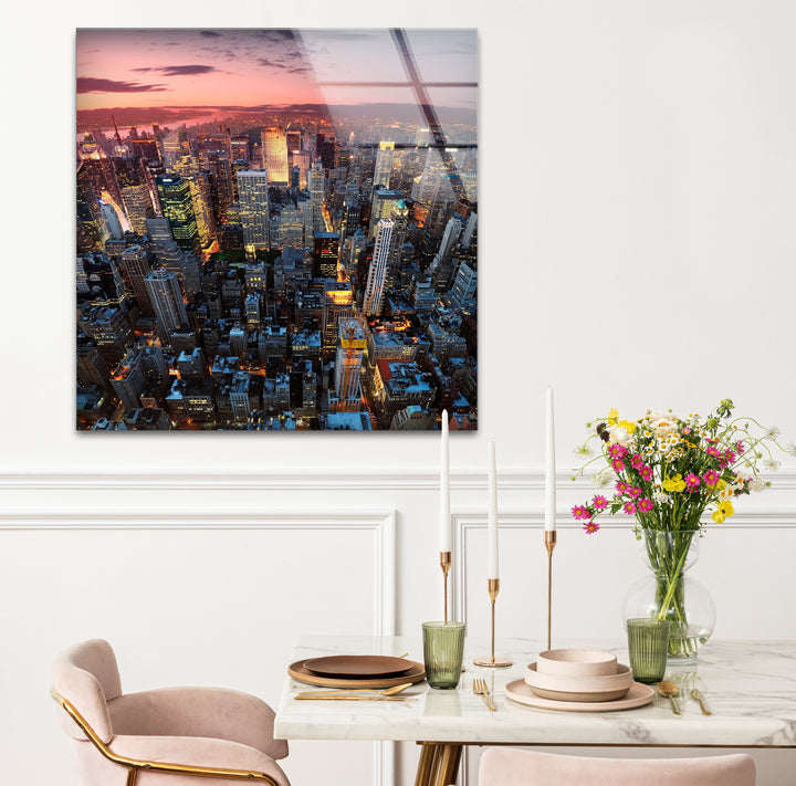 New York City Glaswandkunst – Luftaufnahme bei Sonnenuntergang