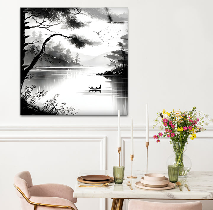 Artistic black and white abstract art portraying a misty lake scene with bold textures.