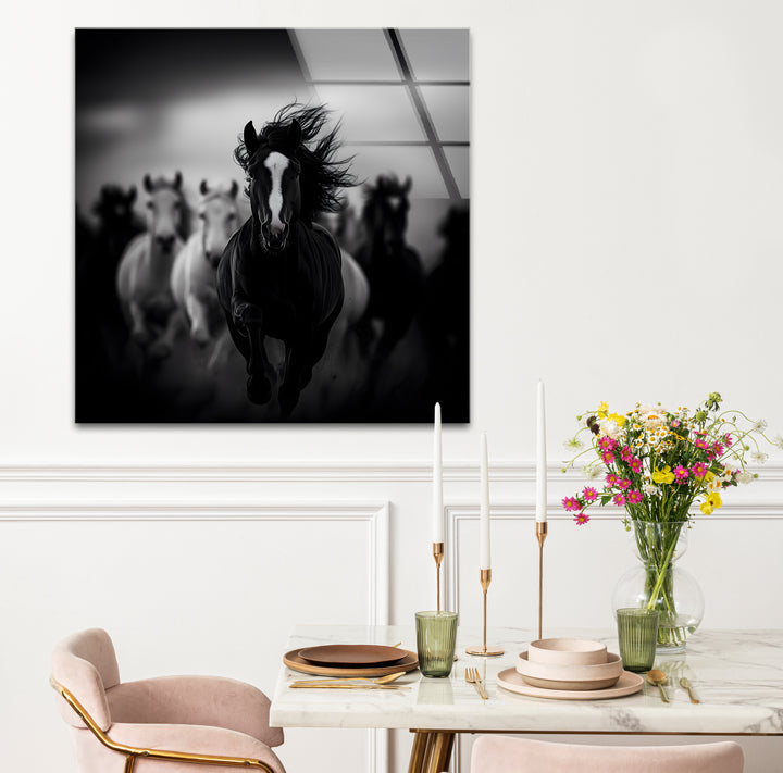 Refined black and white abstract drawings emphasizing the fluidity and strength of galloping horses.